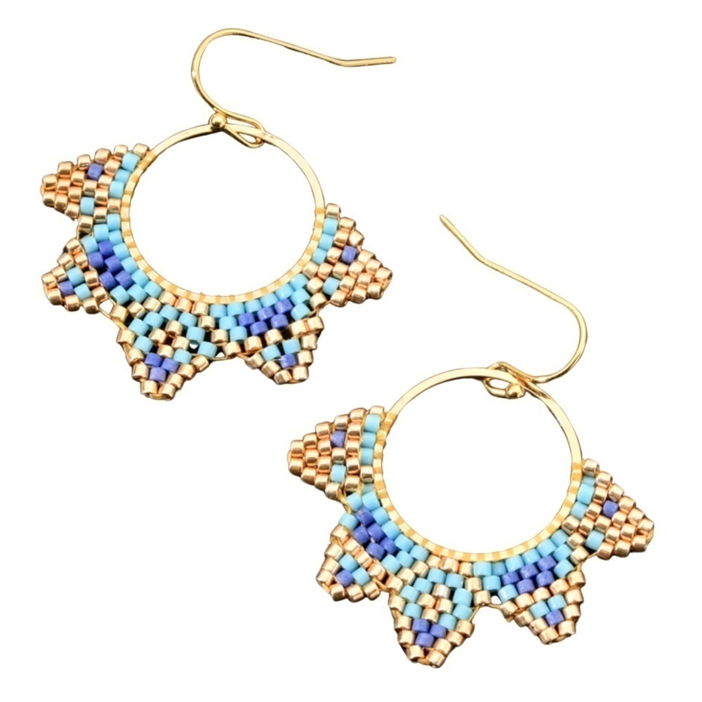 Handmade Beaded Hoop Earrings โ Blue & Gold Boho Style โ Lightweight Statement
